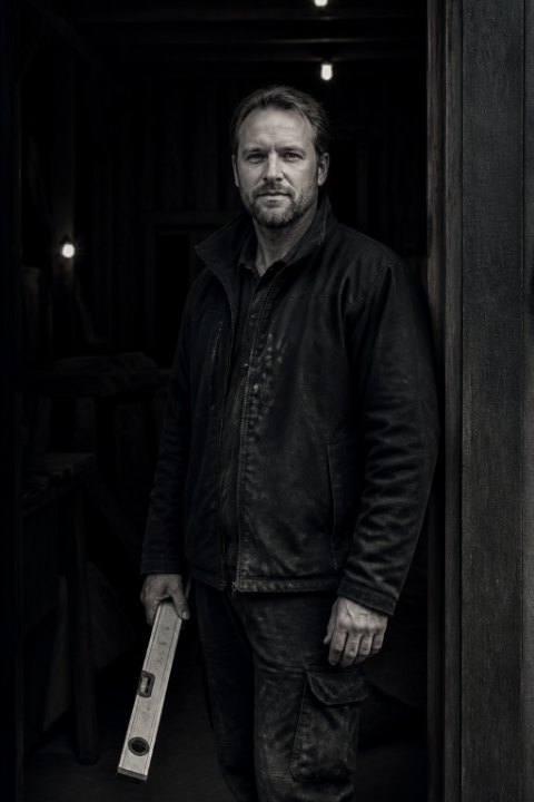 Representativ exempelbild av en snickare mot mörk bakgrund, med tydligt sidoljus.